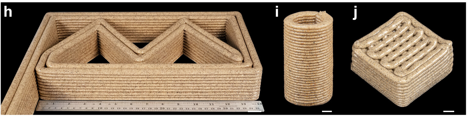 Large brick-like, cylindrical, and lattice granular structures produced by vibration-assisted 3D printing
